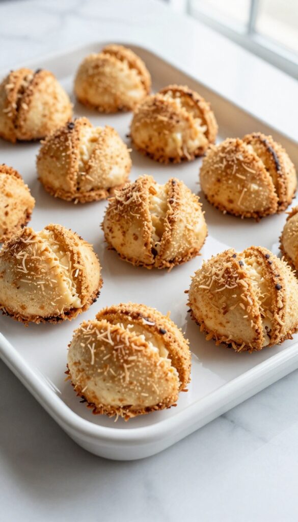 Freshly baked coconut macaroons with a golden crisp exterior and chewy interior, arranged on a white baking tray in natural light, showcasing a simple three-ingredient dessert recipe.