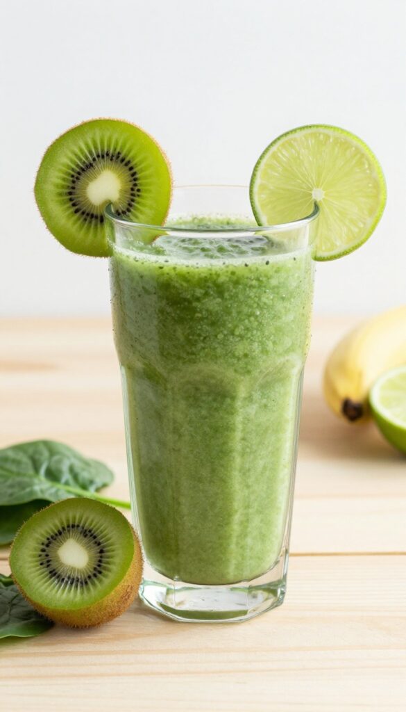 A bright and tangy kiwi lime smoothie with spinach, served in a glass with fresh fruit slices on a wooden table.
