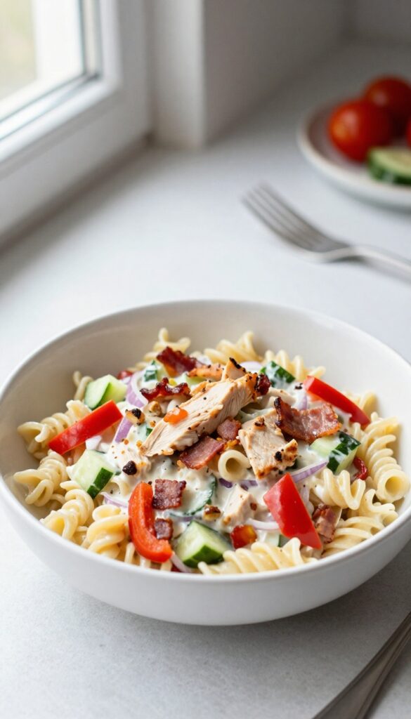 Close-up of chicken ranch pasta salad with bacon and veggies in a white bowl.