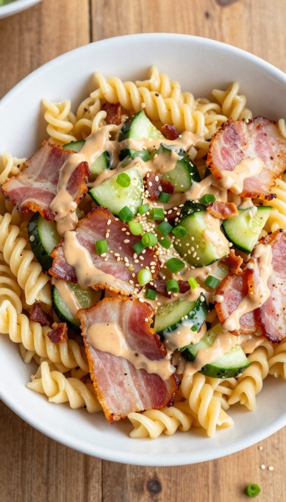 Spicy sriracha cucumber pasta salad with crispy bacon