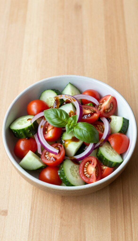 Cucumber and tomato salad with balsamic glaze in a bowl on a wooden table