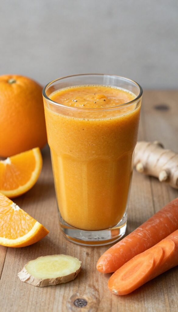 A vibrant orange smoothie with fresh oranges, carrots, and ginger in a glass on a wooden table, garnished with ingredients.