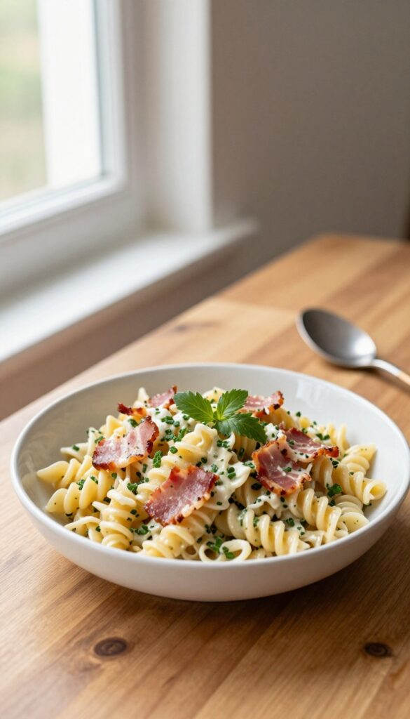 Bowl of cold bacon ranch pasta salad on a wooden table with serving spoon.