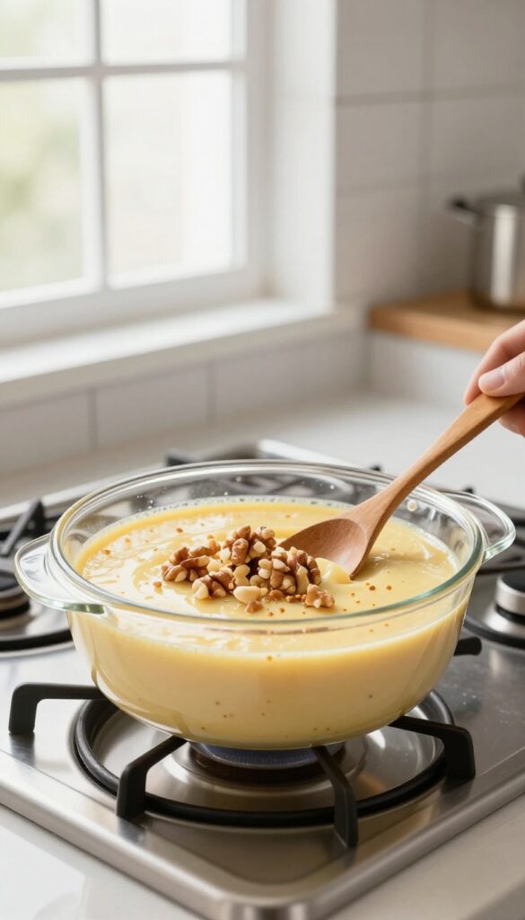 A close-up of semolina milk halwa cooking in a pan, highlighting its creamy texture and toasted appearance with nuts, in a bright, tidy kitchen.