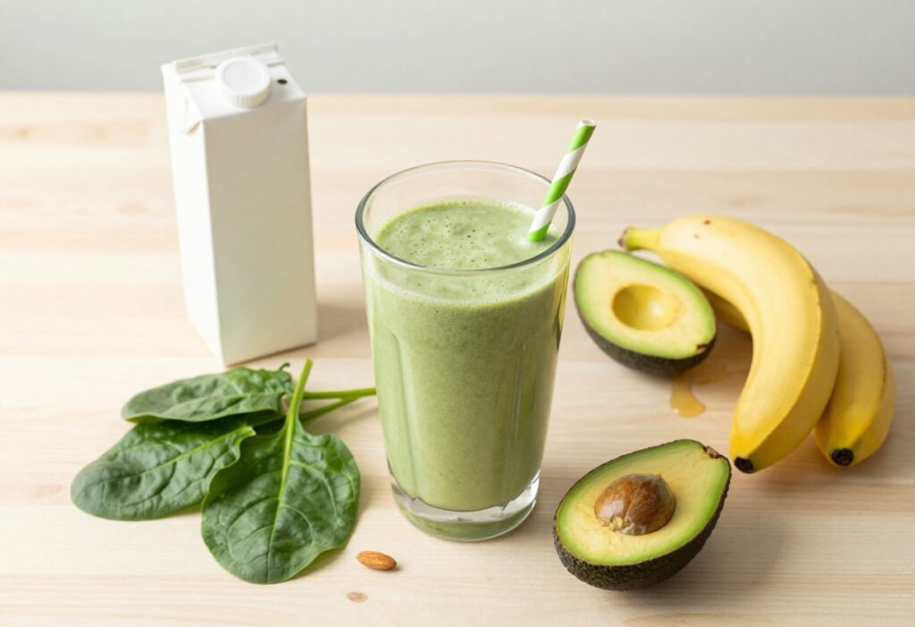Bright flat lay of blender pitcher with green avocado smoothie and fresh ingredients on wooden table