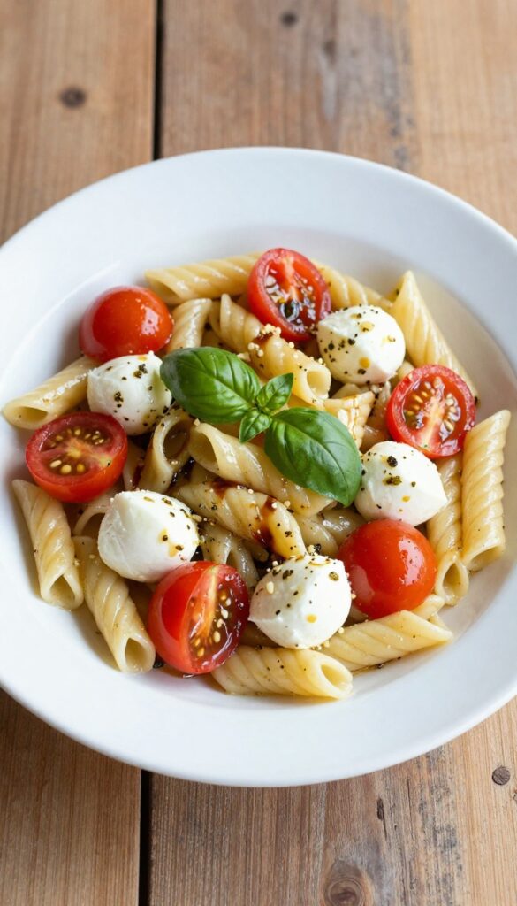 Overhead view of caprese pasta salad in a white bowl on a wooden table, with cherry tomatoes, mozzarella, basil, and balsamic glaze.