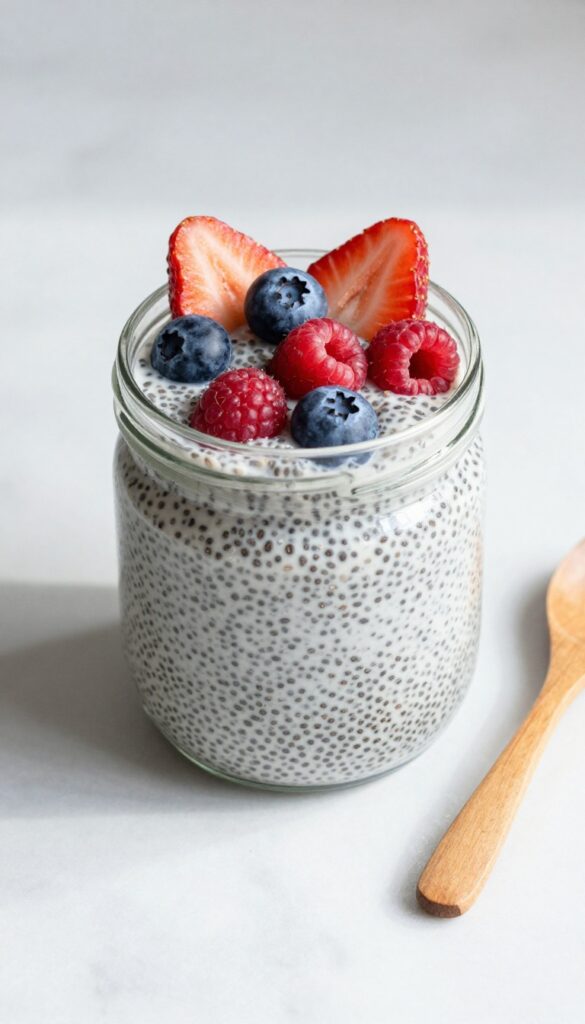 Chia seed pudding with fresh berries in a glass jar on a marble surface