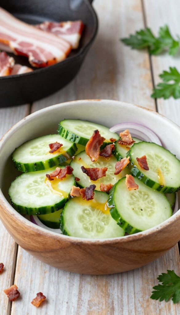 Warm bacon vinaigrette dressing over sliced cucumbers and red onions in a wooden bowl.