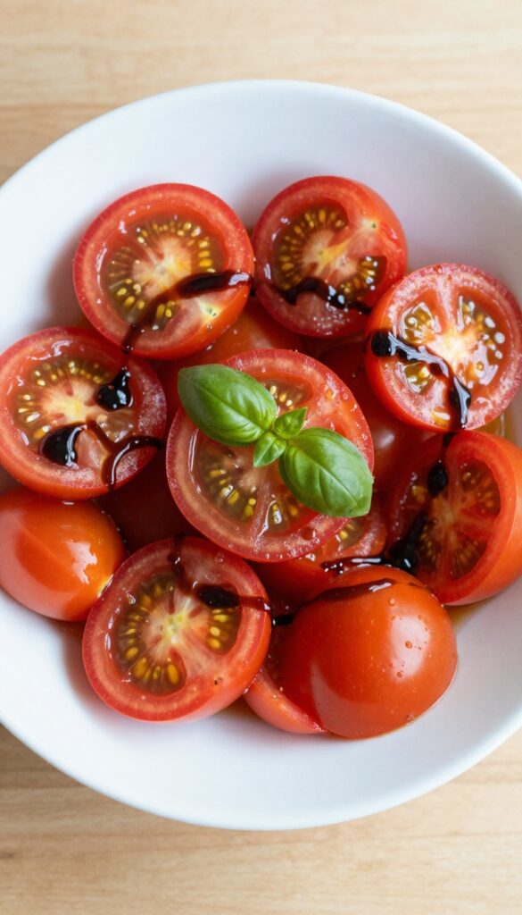 Balsamic and basil cucumber salad in a white bowl with cherry tomatoes and fresh basil.