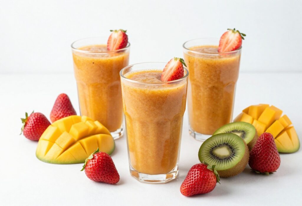 A colorful fresh fruit smoothie in a glass with assorted fruits around it, showcasing vibrant ingredients for healthy drinks.