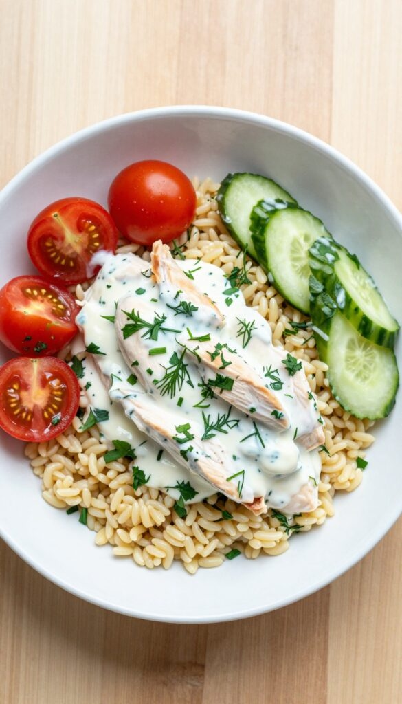 Creamy lemon herb chicken and orzo salad in a white bowl on a wooden table.
