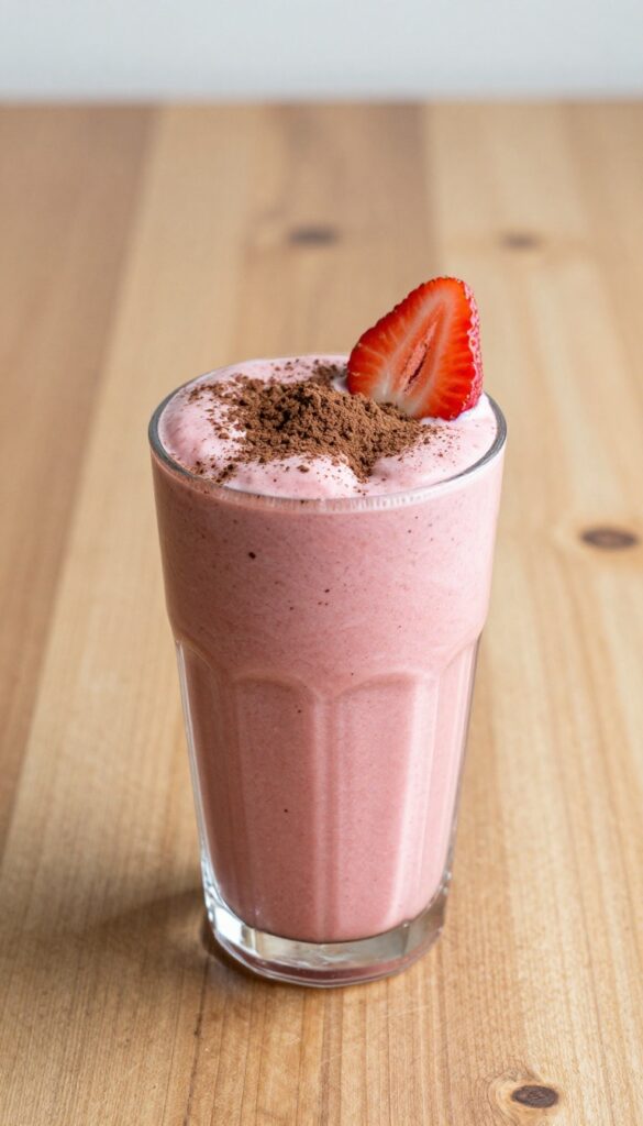 A creamy strawberry smoothie with cocoa powder in a glass on a wooden table, garnished with a strawberry slice and dusted with cocoa, under bright natural light.