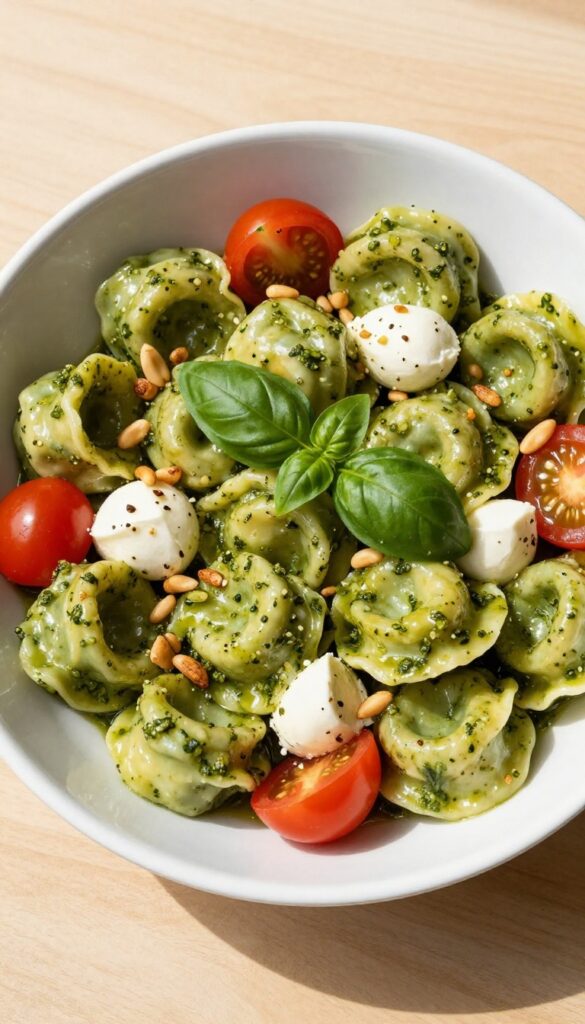 Creamy pesto and Italian dressing tortellini salad with cherry tomatoes, mozzarella pearls, and pine nuts