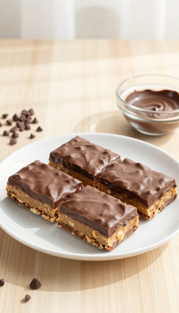 No-bake chocolate peanut butter bars on a plate with natural lighting