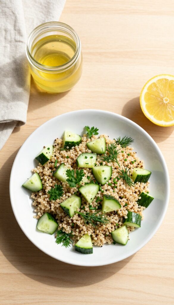 Herby lemon quinoa and cucumber salad in a white bowl with fresh herbs and vinaigrette on a wooden table.