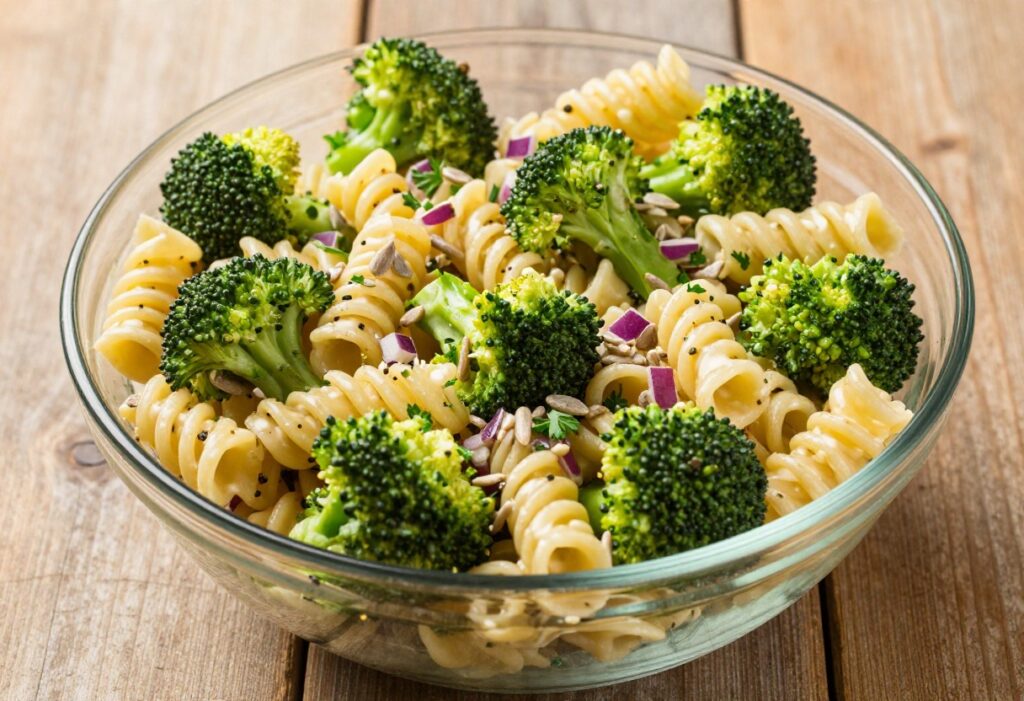A colorful bowl of crunchy broccoli pasta salad with rotini, broccoli florets, and a creamy dressing, perfect for make-ahead potlucks.