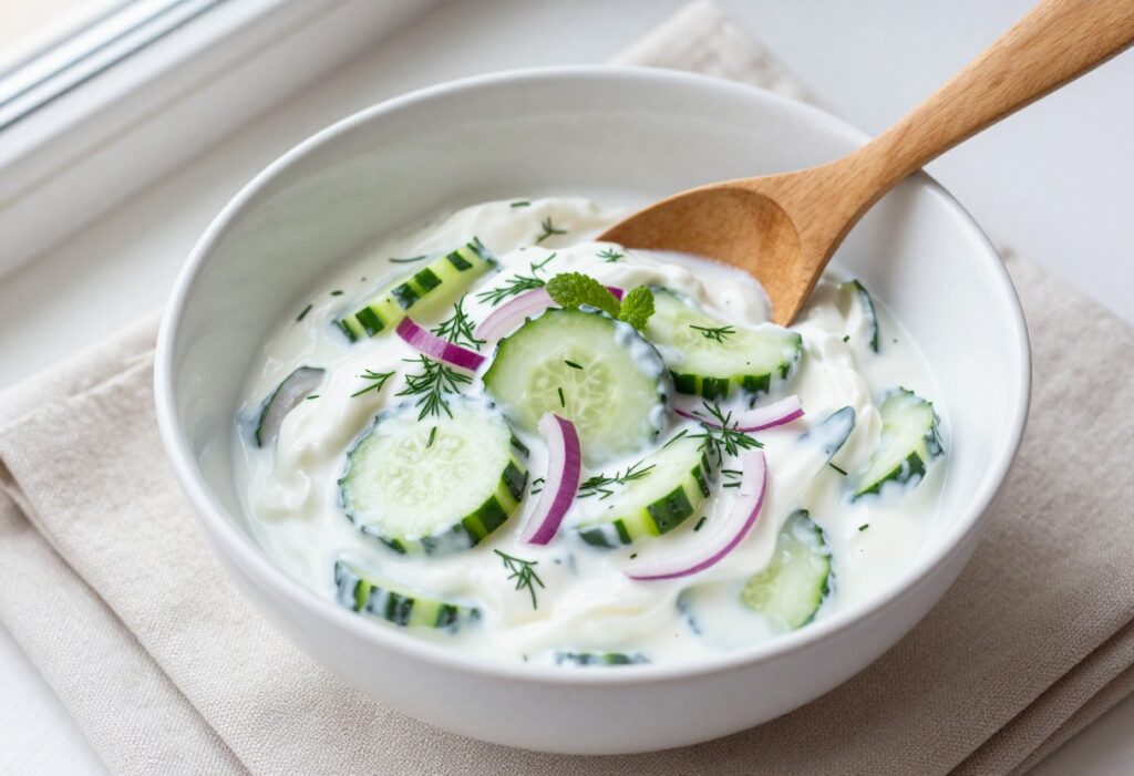Overhead view of tangy Greek-style yogurt cucumber salad in a white bowl with herbs and red onion.