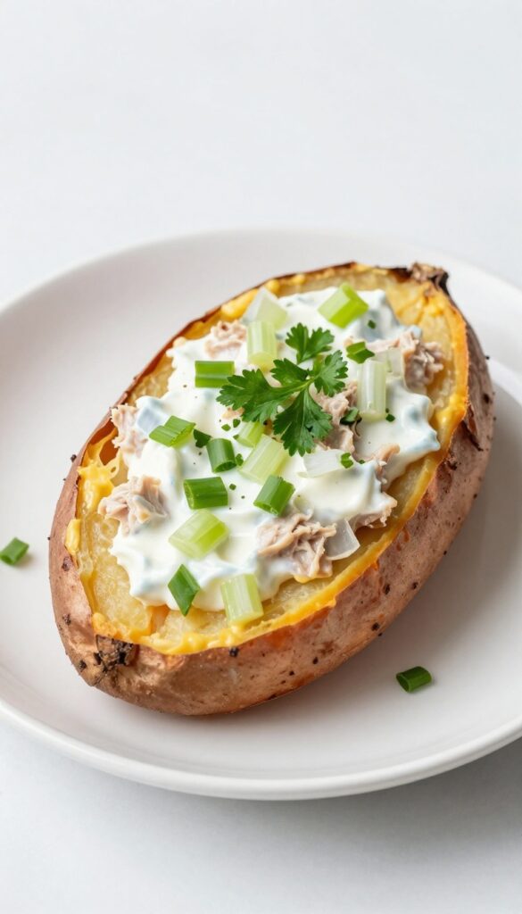 Baked sweet potato stuffed with tuna salad, featuring Greek yogurt and mustard instead of mayonnaise, on a white plate in natural light.