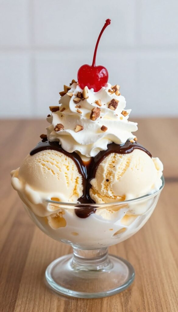 A classic hot fudge sundae with vanilla ice cream, hot fudge sauce, whipped cream, nuts, and a cherry in a bowl, showcasing a warm and cold contrast in a bright, natural setting.