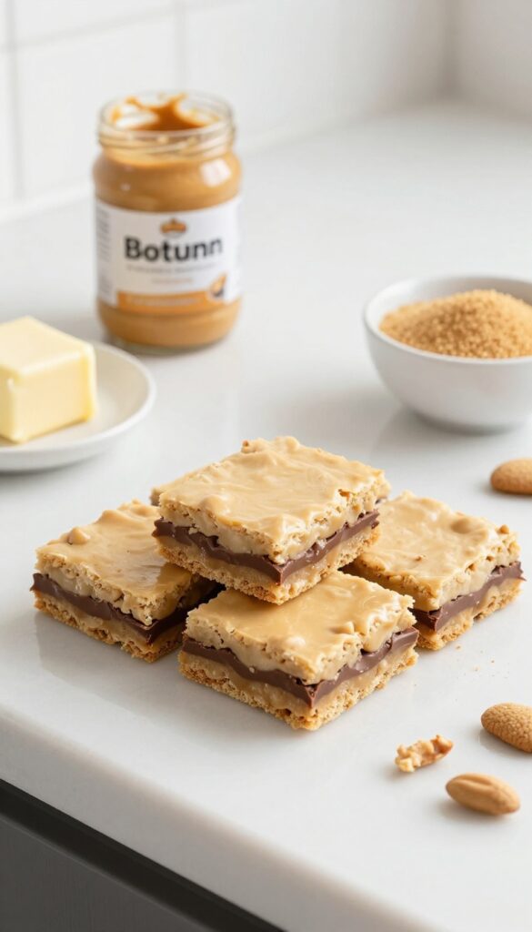 A close-up view of no-bake peanut butter bars with a chocolate topping, arranged on a kitchen counter with ingredients like peanut butter and biscuits, in bright natural light.