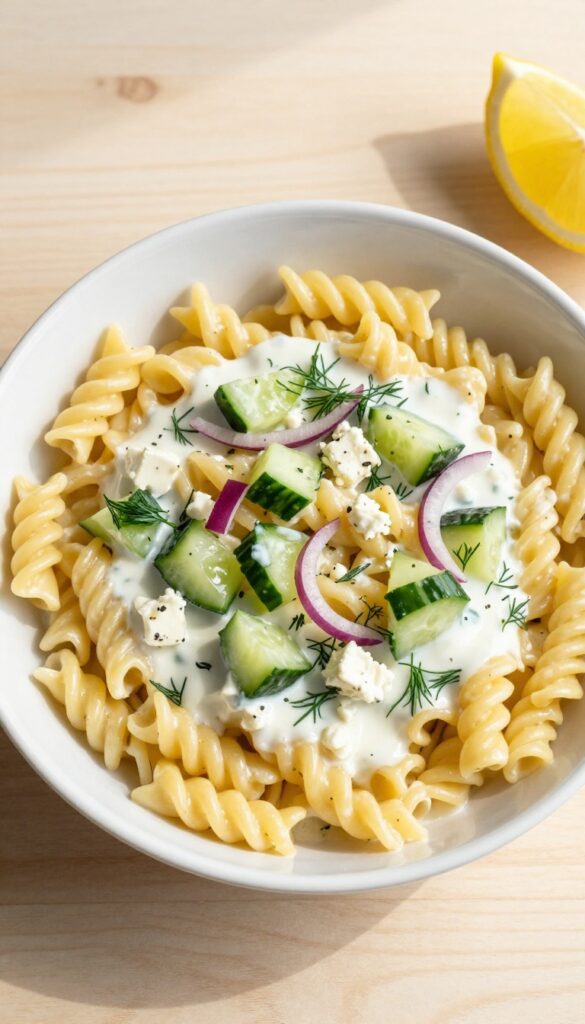 Creamy Greek yogurt dill and cucumber rotini pasta salad in a white bowl on a wooden table with a lemon wedge
