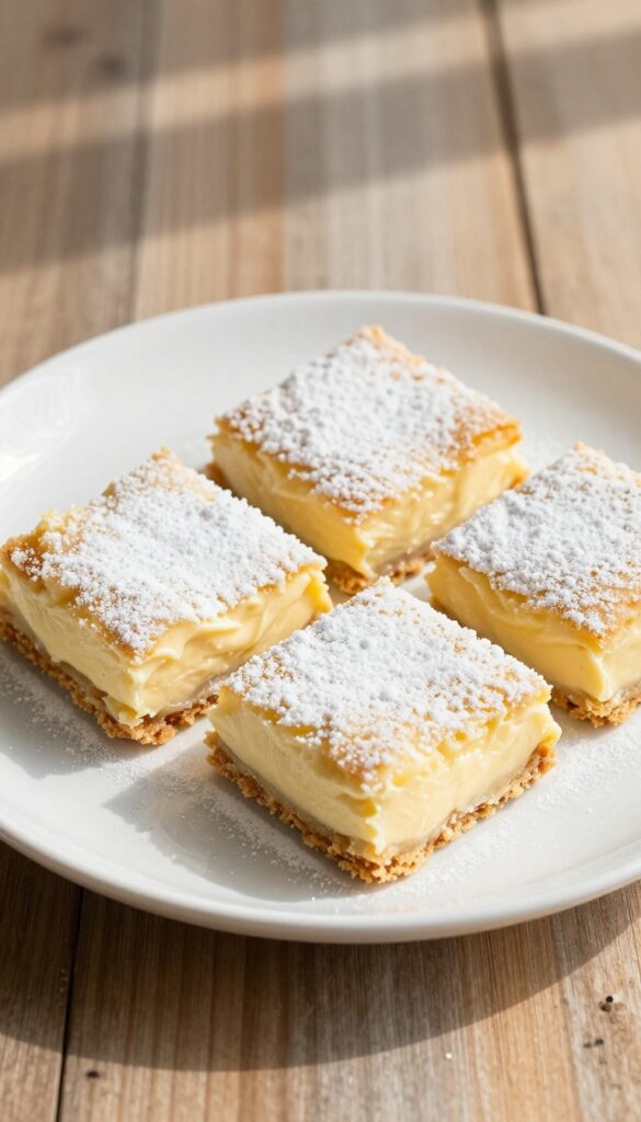 No-bake cream cheese lemon bars with graham cracker crust and powdered sugar, served on a white plate in natural light.
