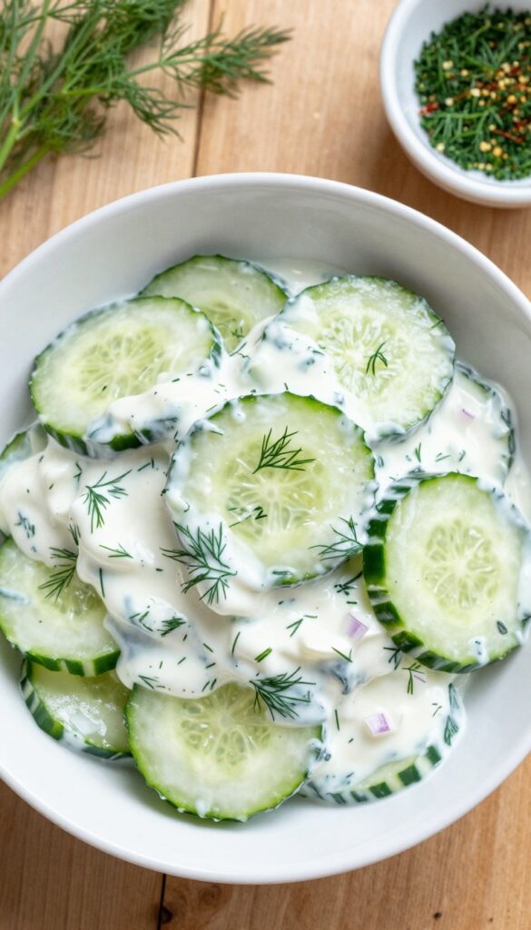 Creamy dill cucumber salad with Greek yogurt in a white bowl on a wooden table