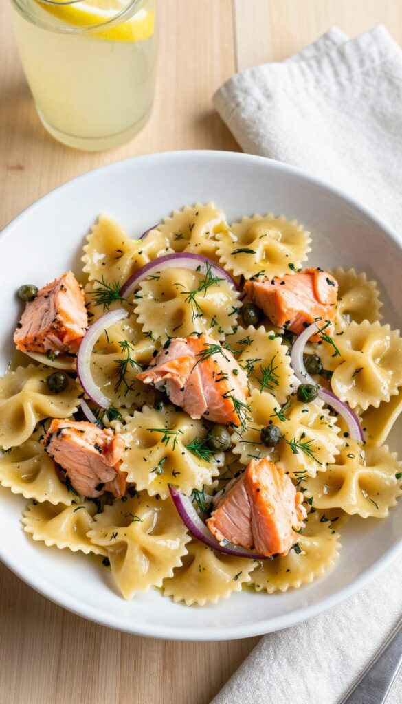 Smoked salmon and dill pasta salad with citrus Italian dressing in a white bowl on a wooden table.