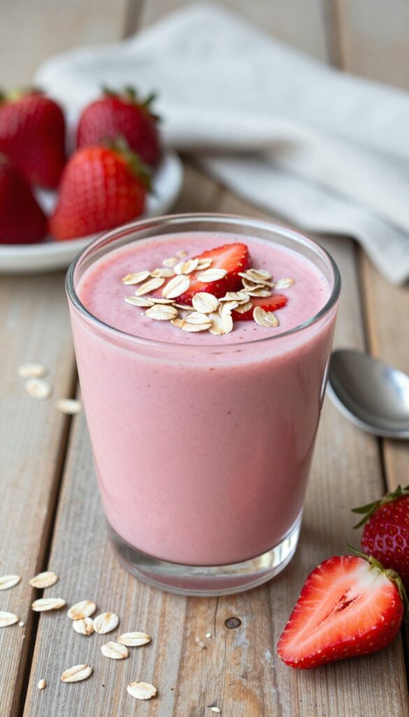A creamy strawberry oatmeal breakfast smoothie in a glass with rolled oats and fresh strawberry garnish on top, set on a rustic wooden table with natural light.