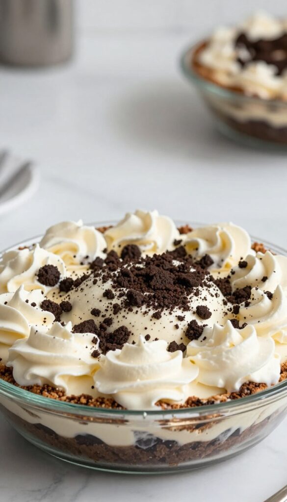 A cookies and cream ice cream pie with a chocolate cookie crust, topped with whipped cream and cookie crumbs, presented in a glass dish on a kitchen counter