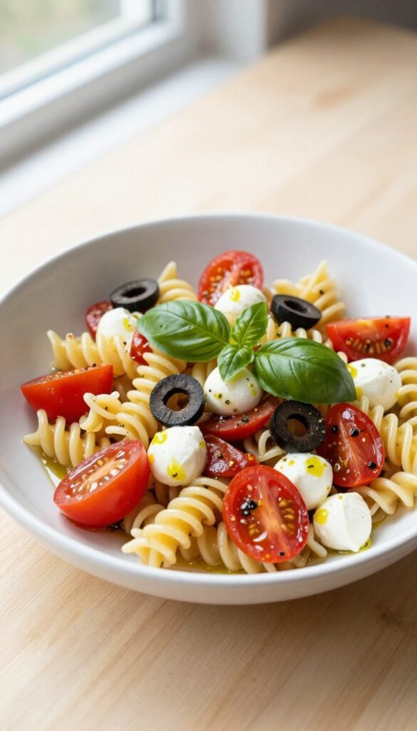 Classic Italian cold pasta salad with rotini, pepperoni, mozzarella pearls, cherry tomatoes, black olives, and basil in a white bowl on a wooden table.