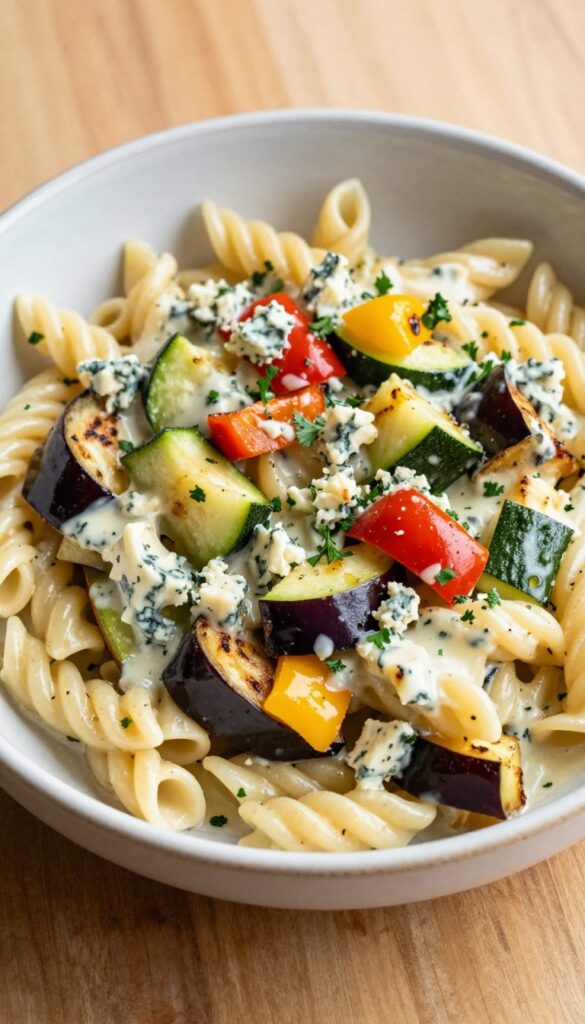 Creamy roasted vegetable and Gorgonzola pasta salad in a bowl