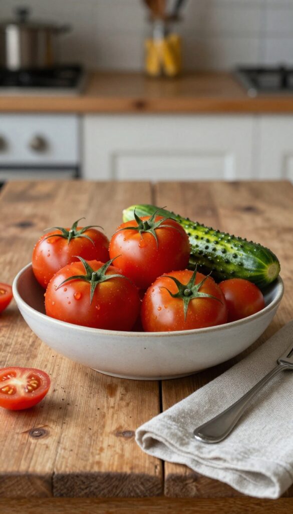 Angle view of tomato and corn cucumber salad with fork and napkin on wooden table.