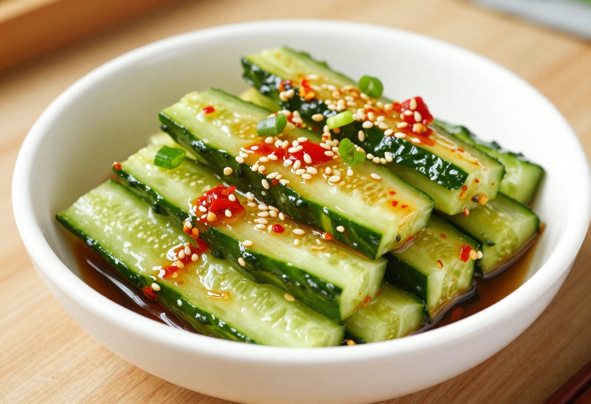 Spicy garlic cucumber salad with chili oil dressing in a white bowl