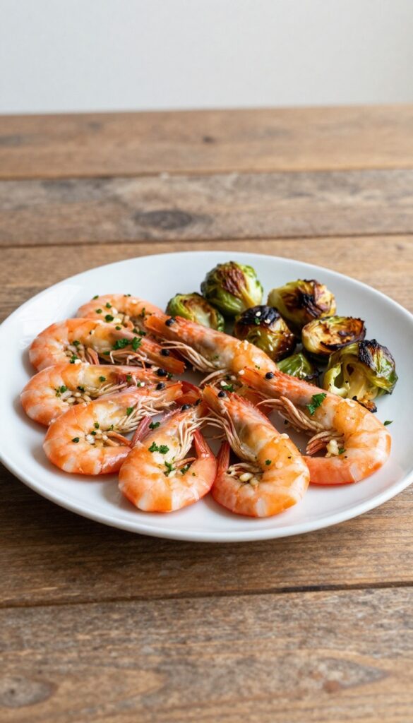 A plate of garlic shrimp with roasted Brussels sprouts, showcasing a low-carb, low-cholesterol recipe in a natural, appetizing setting.