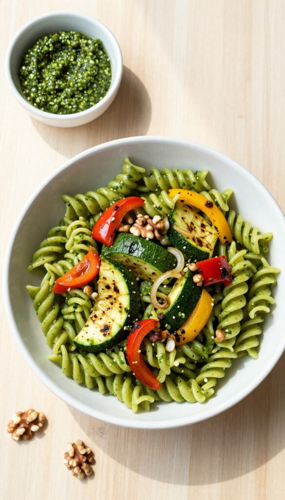 Bowl of spinach walnut pesto pasta salad with roasted vegetables on a wooden table