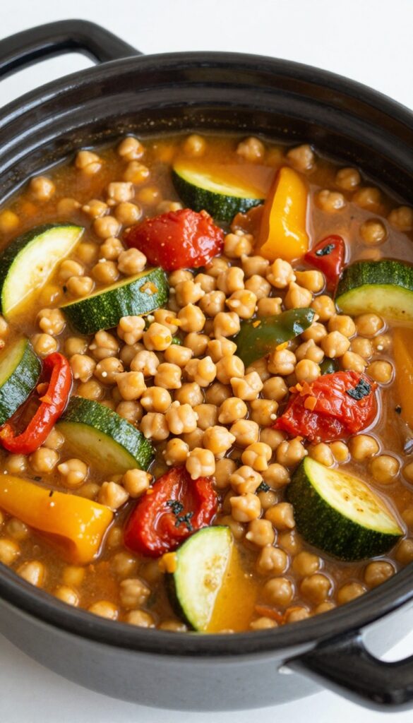 A slow cooker with Mediterranean chickpea and vegetable stew, showcasing chickpeas, zucchini, bell peppers, and tomatoes in a thick broth, in a bright, clean setting.