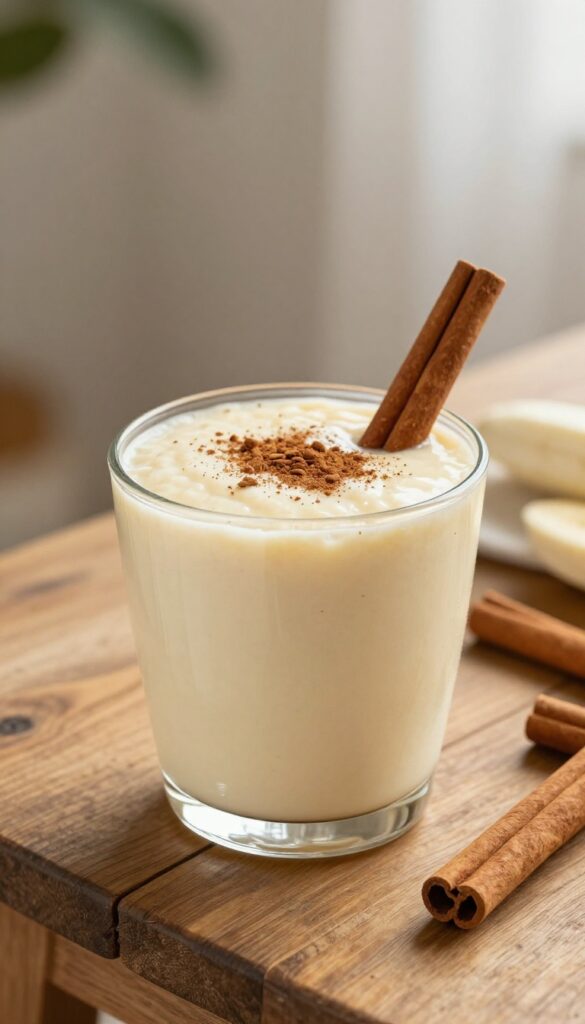 A creamy banana cinnamon smoothie in a glass mug with a cinnamon stick garnish, on a rustic wooden table in natural light.