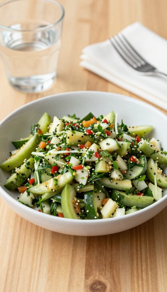 Persian-style cucumber and tomato salad with fresh herbs on a wooden table.