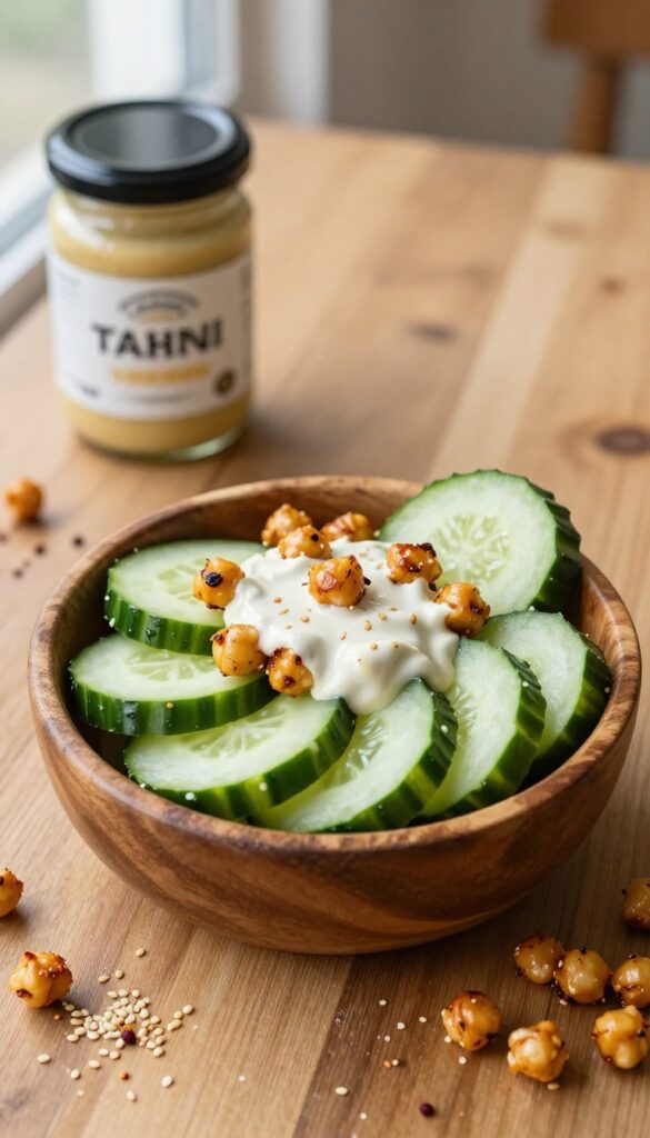 Roasted chickpea and cucumber salad with tahini dressing in a wooden bowl on a rustic table