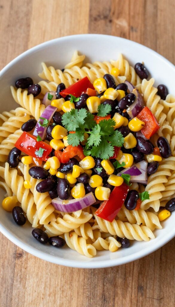 Zesty lime and black bean pasta salad with rotini, black beans, corn, red bell pepper, red onion, and cilantro in a lime dressing.