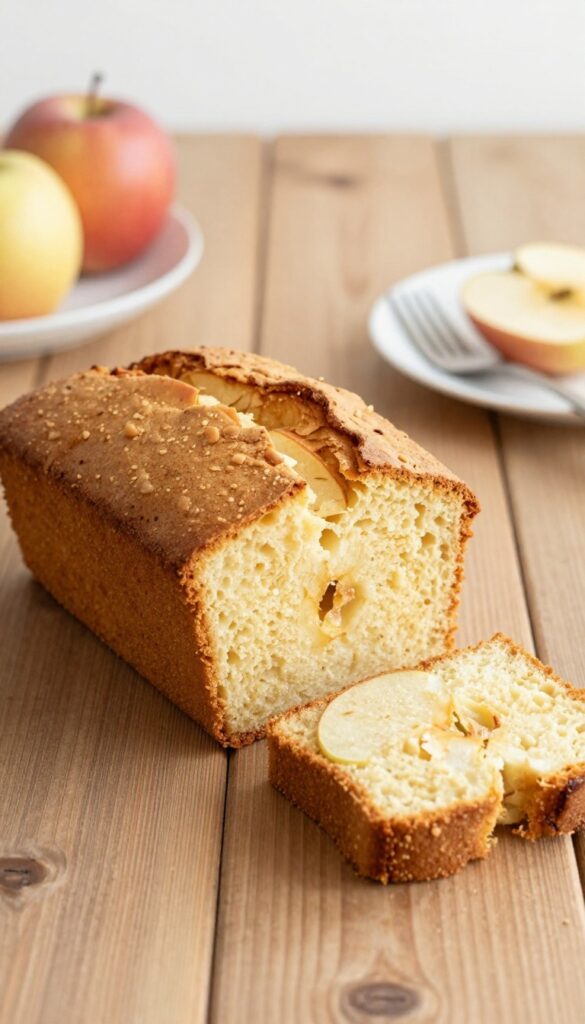 A slice of French Apple Cake with apples, on a rustic table, for a dessert recipe blog.