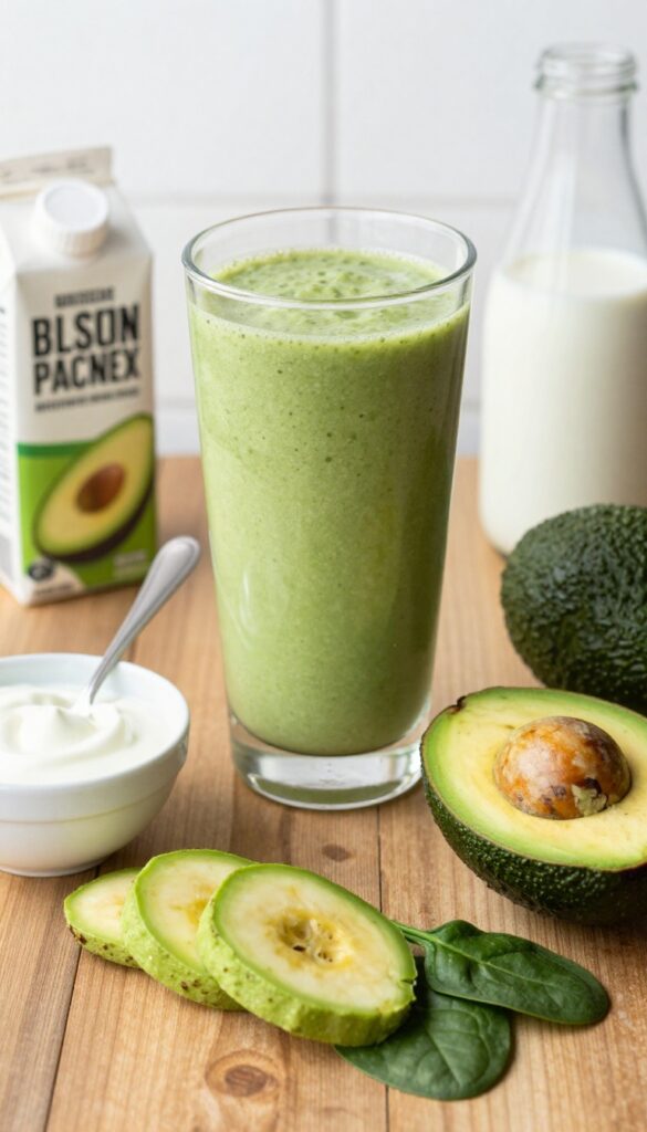 A creamy green banana avocado smoothie in a glass with fresh ingredients like banana, avocado, spinach, Greek yogurt, and almond milk on a wooden table in natural light.
