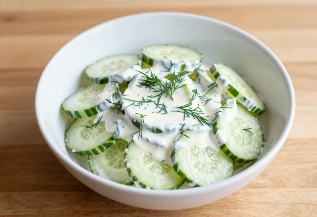 Creamy German cucumber salad with sour cream and fresh dill in a white bowl