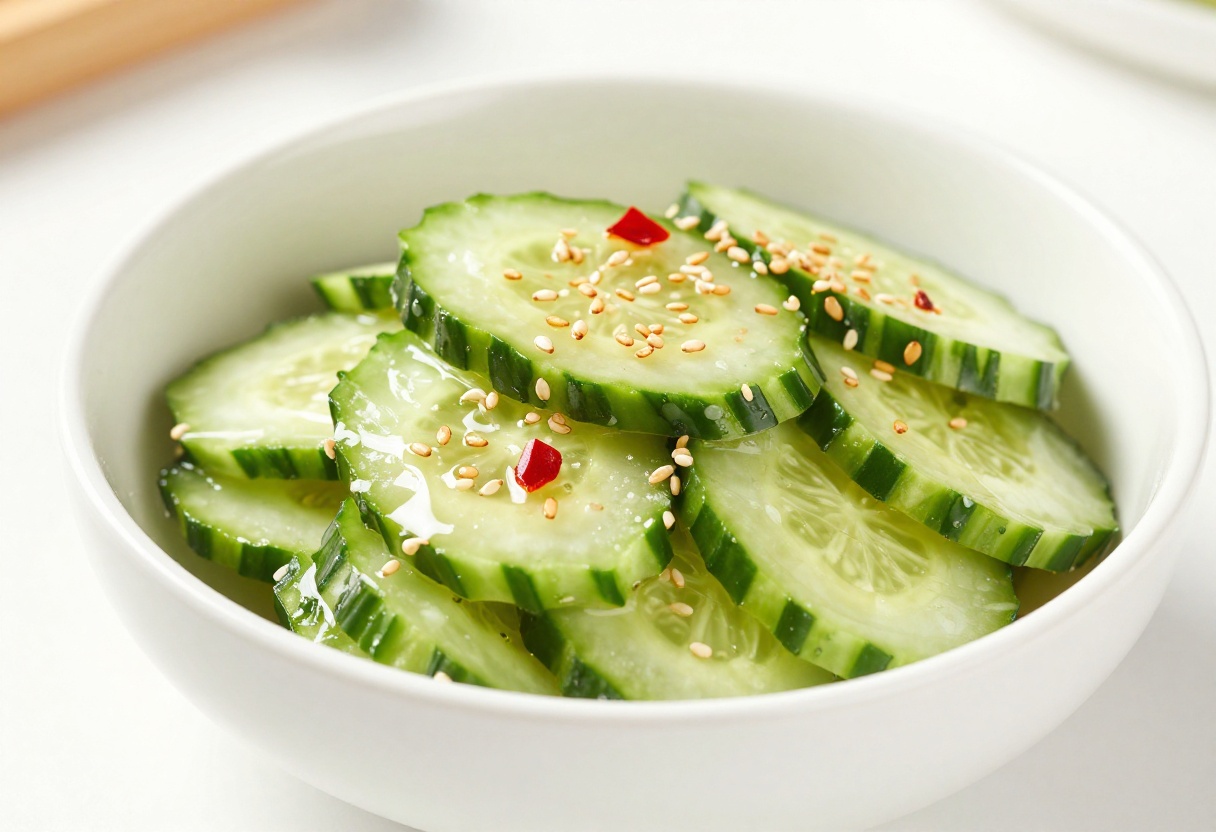 Overhead view of sunomono-style cucumber salad in a white bowl with sesame seeds