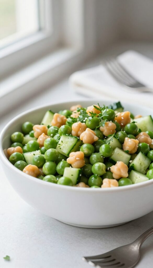 Close-up of Zesty Peas, Pea, and Chickpea Cucumber Salad with Fresh Herbs in white bowl