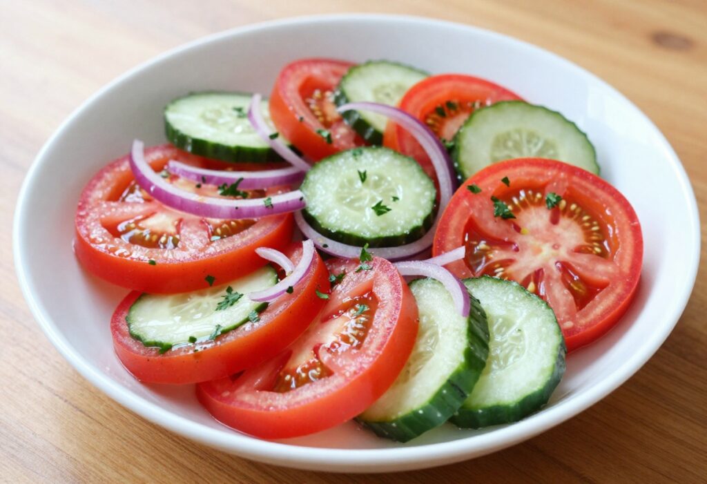 Fresh tomato cucumber onion salad with tangy dressing in a white bowl