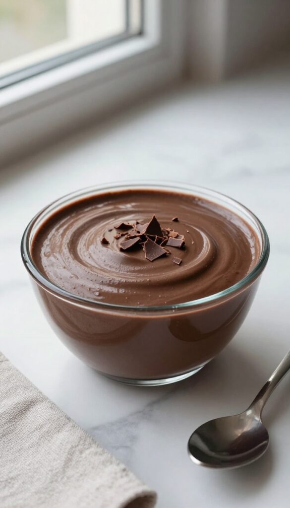 Chocolate mousse in a glass bowl with chocolate shavings and a spoon on a marble countertop