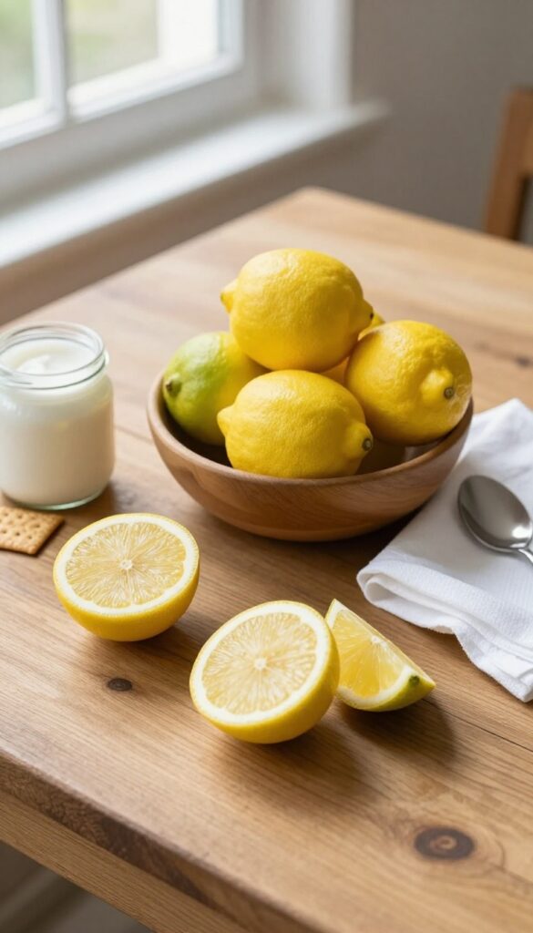 A photorealistic image showing fresh lemons and limes as alternatives, with coconut cream and graham crackers for substitutions, in a bright, natural setting for a blog about lime dessert recipes.