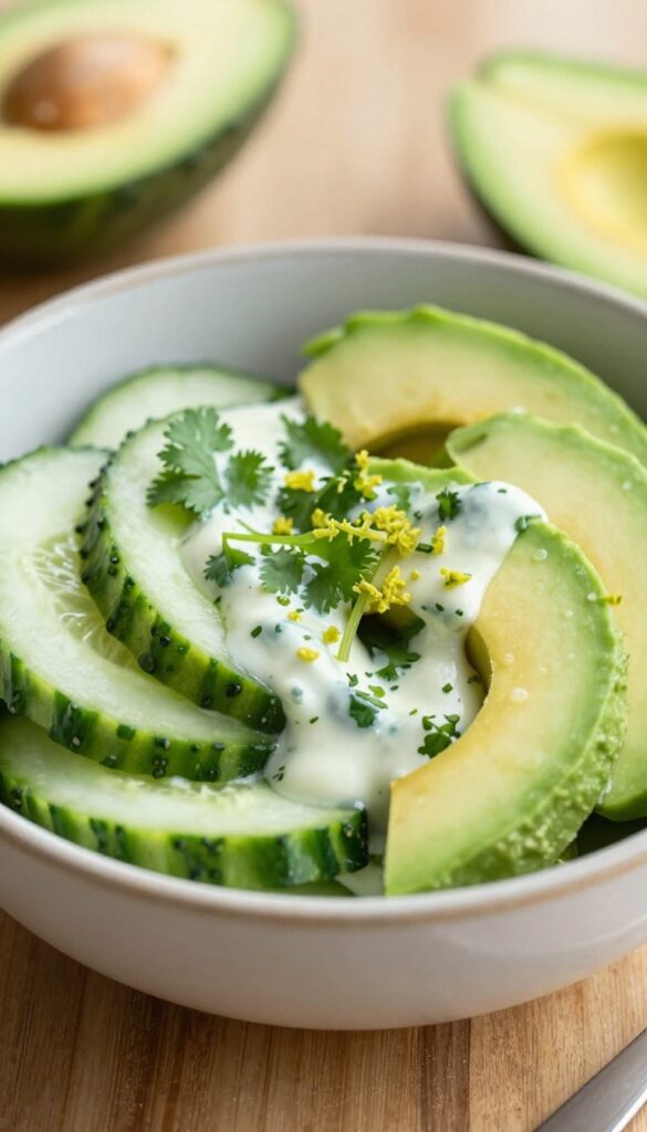 A cozy cucumber and avocado salad with lime zest in a rustic bowl, showcasing crisp cucumbers, smooth avocado, and fresh cilantro in bright natural light, ideal for relaxed gatherings.
